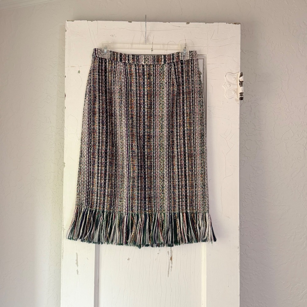Maeve by Anthropologie Multi Color Tweed Fringe Hem Pencil Skirt Size 4 NEW